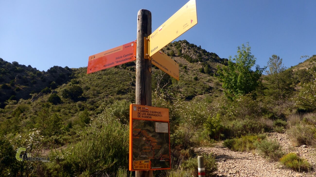 Poste con paneles de dirección en el barranco de los Amanaderos