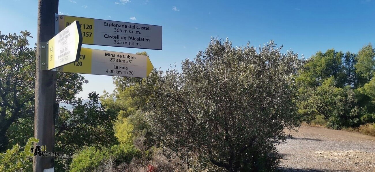 Poste de los PR en la explanada del castillo del Alcalaten